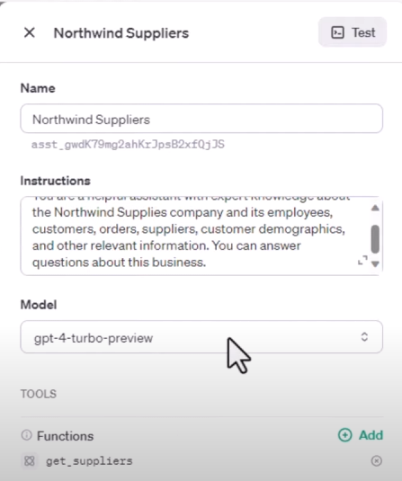 A screenshot showing an example of defining an Open AI Assistant.