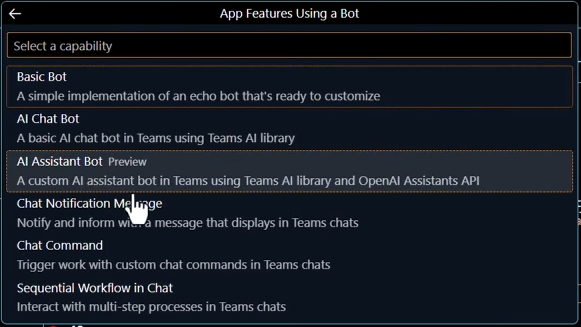 Screenshot of creating a new 'AI assistant bot' project using the Teams Toolkit.