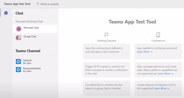 Screenshot of the Test Tool simulating a Microsoft Teams conversation interface for AI assistant validation.