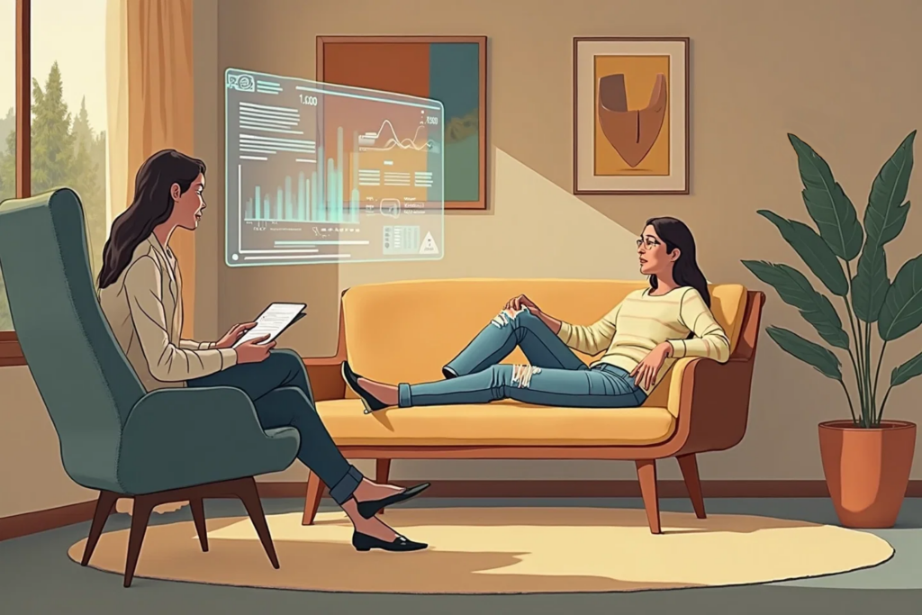 A psychologist using advanced AI tehnology to organize patient notes and streamline therapy sessions.