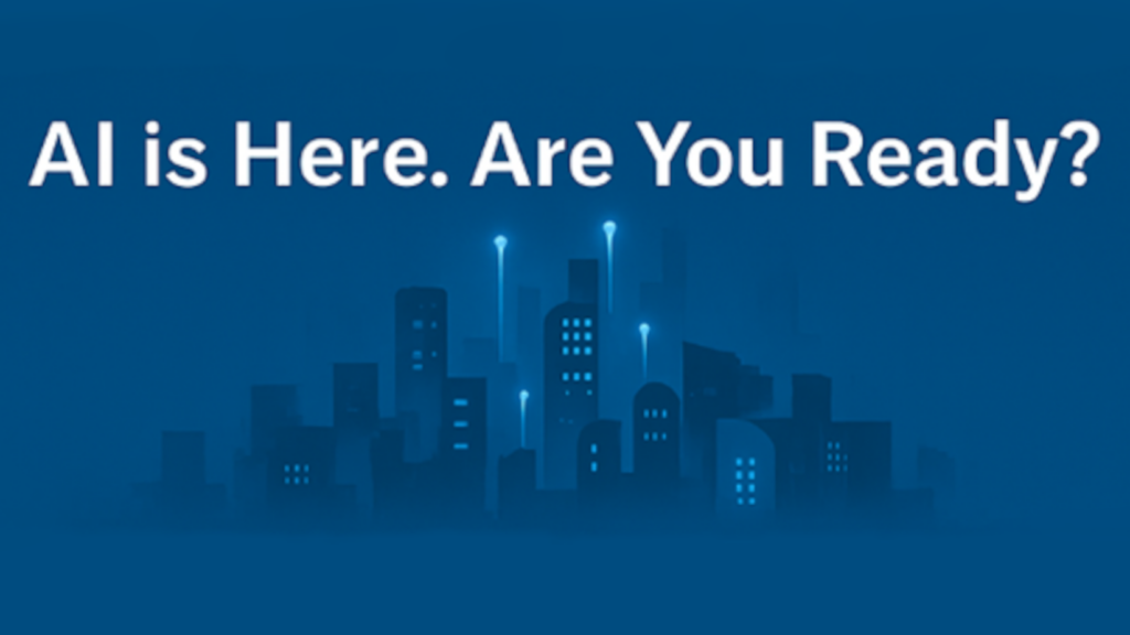 Decorative banner with messaging about AI readiness above a modern cityscape.