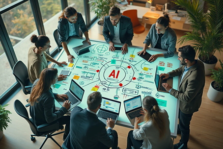 Group of professionals gathered around a digital table with AI strategy visuals, representing collaborative strategic planning for artificial intelligence initiatives.
