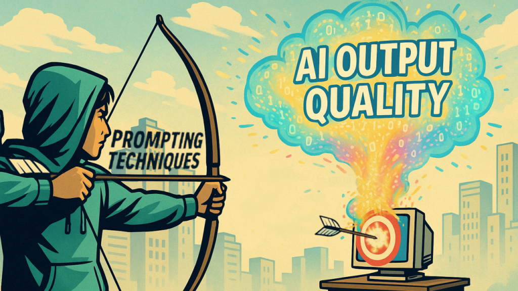 An archer hits a bullseye on a computer with an arrow labeled "prompting techniques," causing the computer to burst into a cloud of code labeled "AI Output Quality."