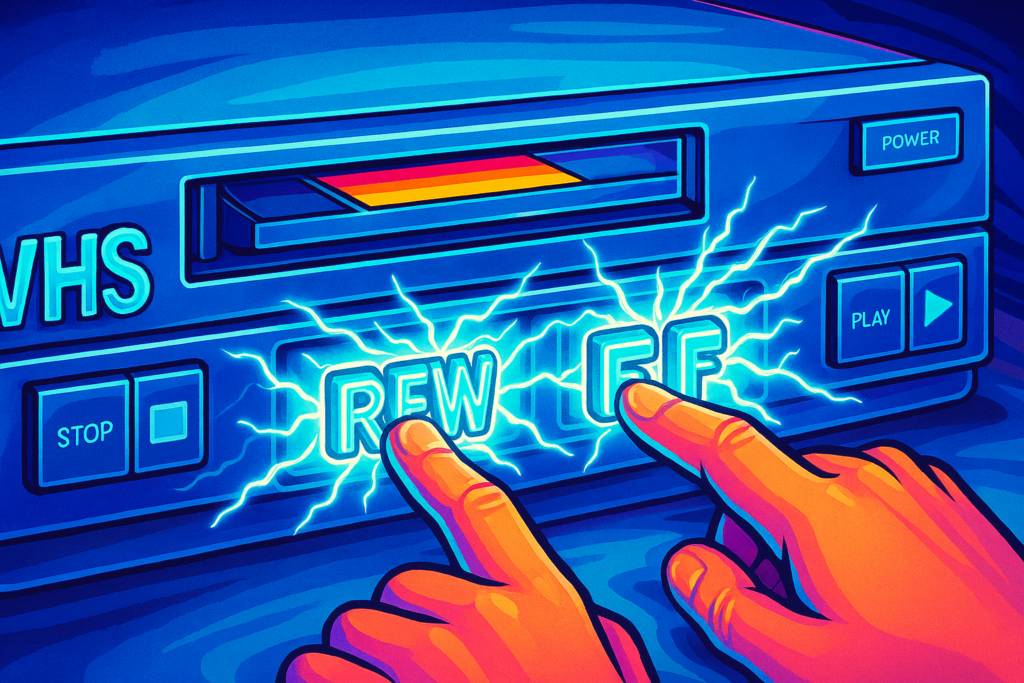 Illustration of hands pressing rewind and fast-forward on a VHS player, sparking electricity to represent reworking old tech and accelerating business efficiency.