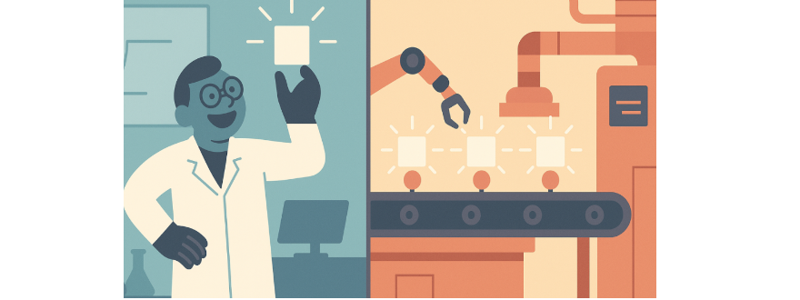 Split-screen illustration of an AI MVP prototype in a lab and production-scale automation in a factory