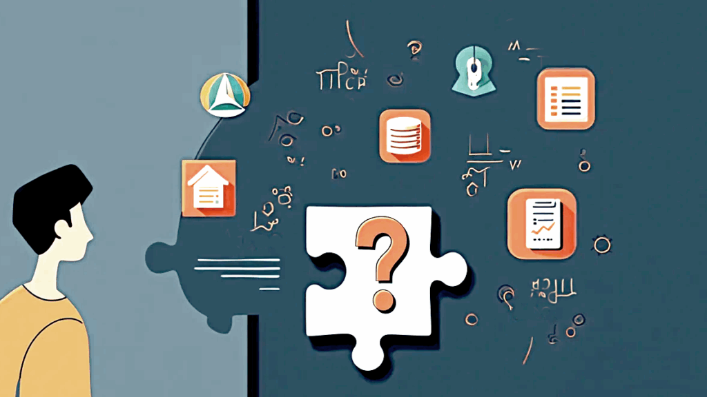 A business owner looks at mismatched puzzle pieces surrounded by floating data icons, representing data problems such as incompatible systems and information silos.
