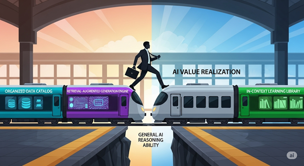 Businessperson crossing a gap between trains labeled with AI-enabling technologies—representing how context-aware solutions bridge the AI reasoning gap to achieve business value.