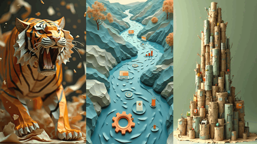 Paper-art style image featuring a roaring paper tiger, a flowing river with automation and data icons, and a towering database made of stacked forms—symbolizing SMB data unification.