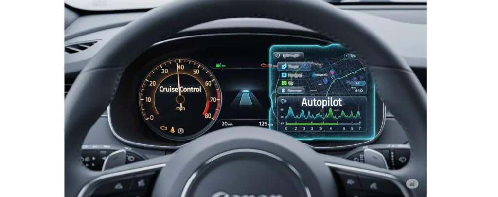 Illustration comparing automation vs AI using the analogy of cruise control vs. autopilot, as shown on a car dashboard.