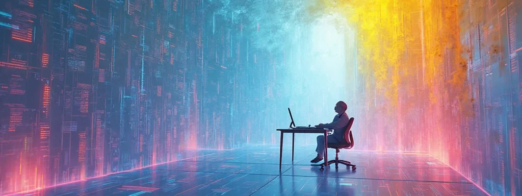 Artistic illustration of an AI-powered small business operating autonomously with advanced technology and virtual workflows.