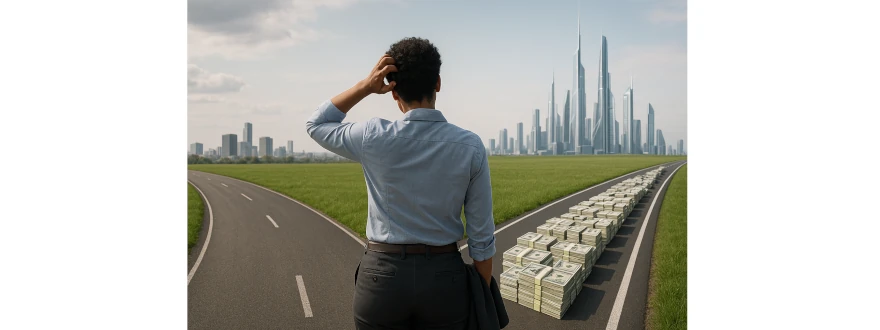 Person stands at a crossroads, puzzled, facing a path paved with obvious gains—symbolizing the paradox of stalled AI adoption despite clear benefits.