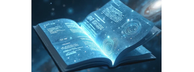 Open digital book glowing with cosmic blue light, symbolizing advanced AI and intelligent orchestration systems.
