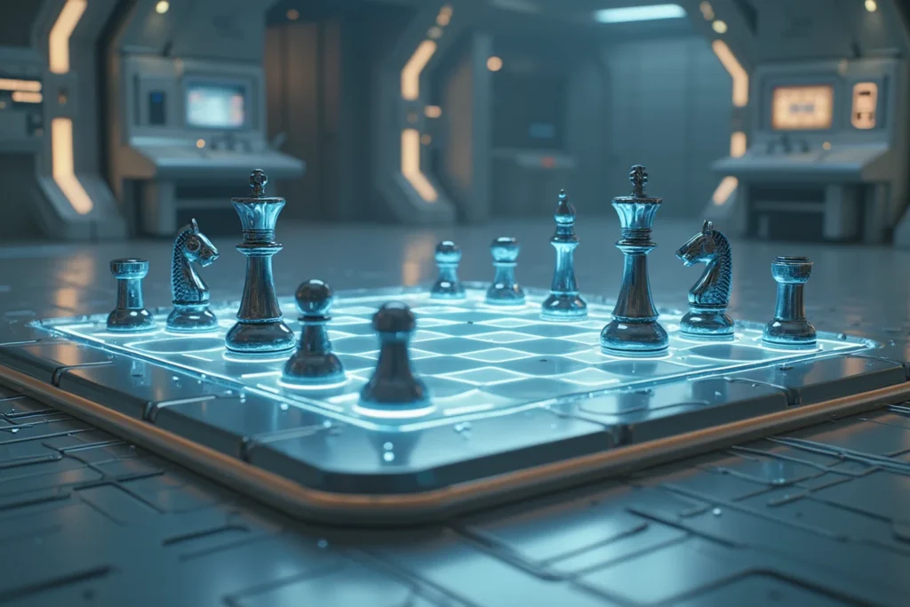Futuristic digital chessboard representing the strategic choice between building or buying AI solutions