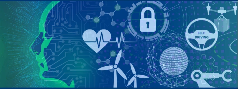 Illustration showing AI-related icons like self-driving cars, wind turbines, cybersecurity lock, healthcare monitor, and robots, representing trustworthy AI across industries.