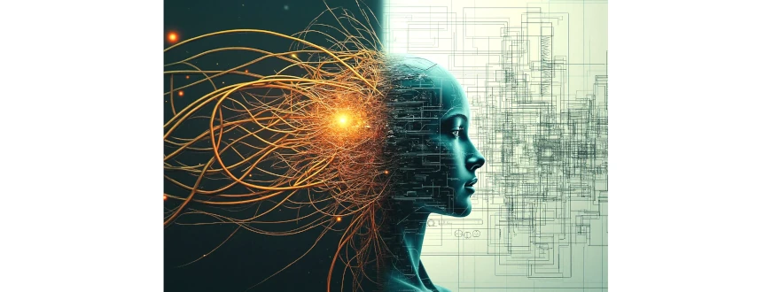 Split image of a neural explosion and a structured AI face, symbolizing the contrast between chaotic AI experimentation and disciplined AI execution.