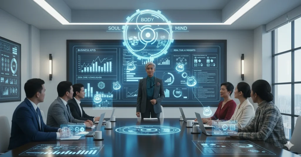 The CEO's Playbook for AI: From Boardroom Anxiety to Bottom-Line Impact 1 CEO and executives in a futuristic boardroom reviewing an AI strategy flywheel labeled Soul, Body, and Mind on a holographic display.