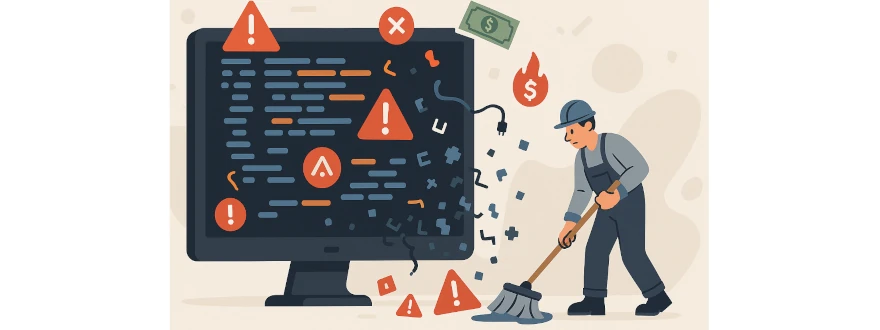 Illustration of a worker cleaning error icons and burning money spilling from a chaotic computer screen, representing vibe coding risks in AI development.