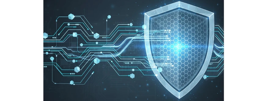 Abstract process diagram forming a shield shape, representing system architecture as protection against AI-powered ransomware threats.