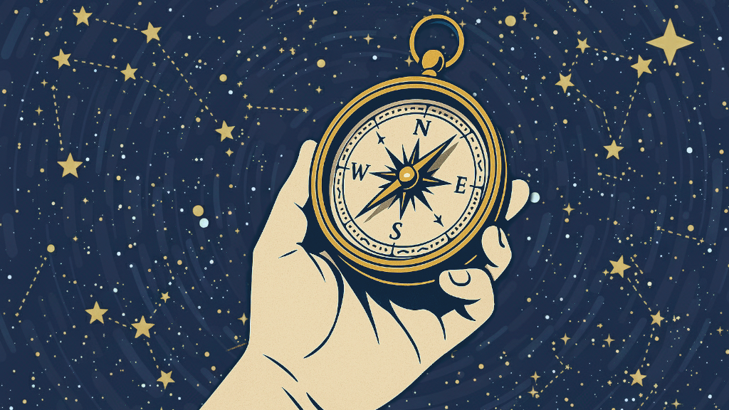Critical Thinking in the AI "Workslop" Era: Why Leadership Will Define Success 1 Illustration of a hand holding a golden compass against a starry night sky, symbolizing leadership and direction in the AI era.