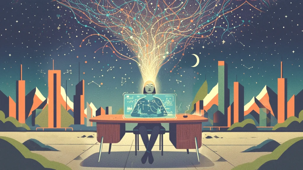 Person at a digital interface with data streams extending into the night sky over a futuristic city — symbolizing AI business automation and intelligent workflows.