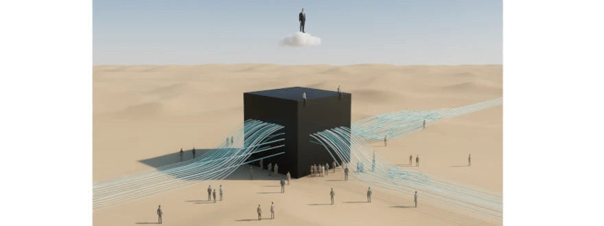 Conceptual artwork for an executive guide to LLMs — a black cube in a desert landscape with people and flowing blue data lines, visualizing leadership, structure, and control in AI systems.