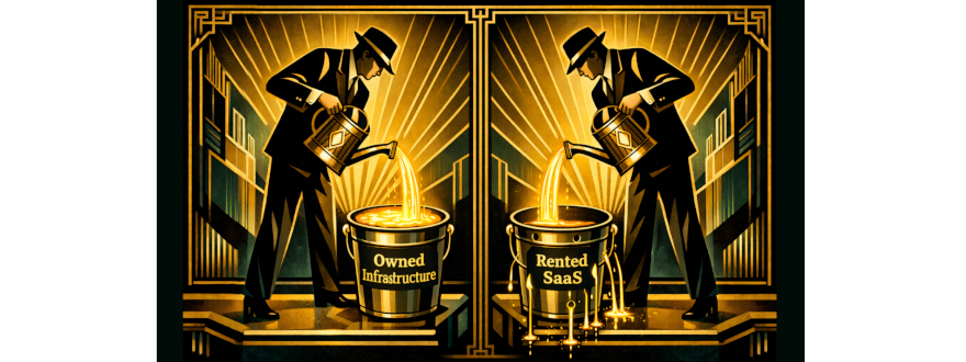 Split-screen Art Deco illustration showing a figure pouring glowing liquid into two buckets — one labeled “Owned Infrastructure” and full, the other “Rented SaaS” and leaking.