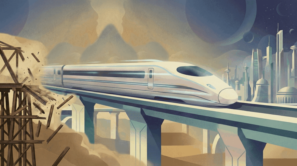 Speed, Skill, and the New Division of Labor: Why SMBs Must Redesign Work for AI 1 Futuristic train crossing from a broken bridge to a modern city, representing AI workflow design and the shift from outdated processes to redesigned systems of work.