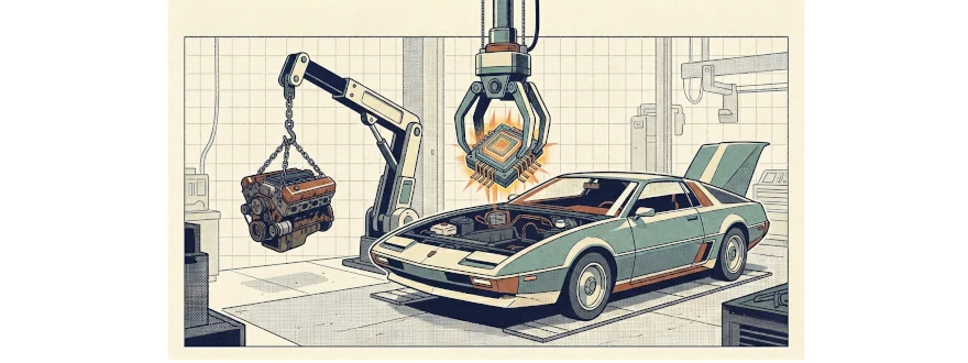 Designing AI Systems for Continuous Model Improvement 1 Mid-century style illustration of a car with its hood open as an old engine is lifted out and a glowing processor-like engine is lowered in, symbolizing AI model upgrades within a stable system.