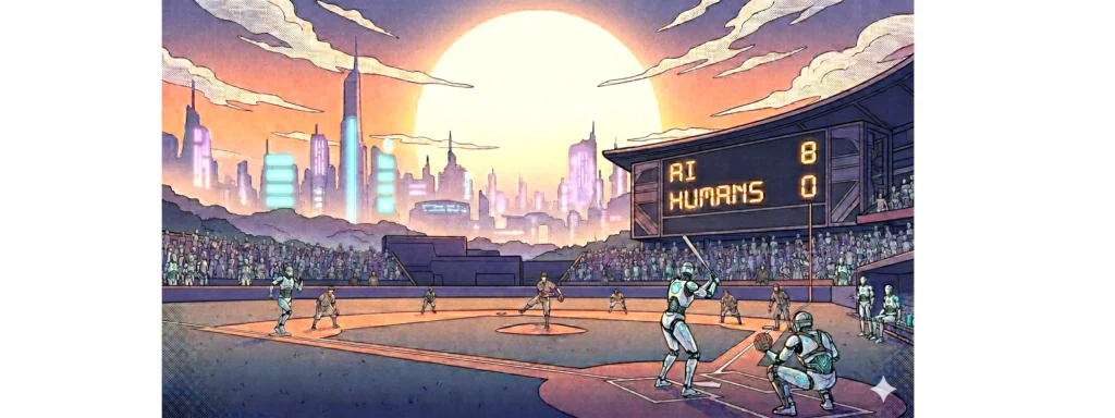 Futuristic baseball game with robot players batting against human players and a scoreboard showing AI leading humans 8 to 0.