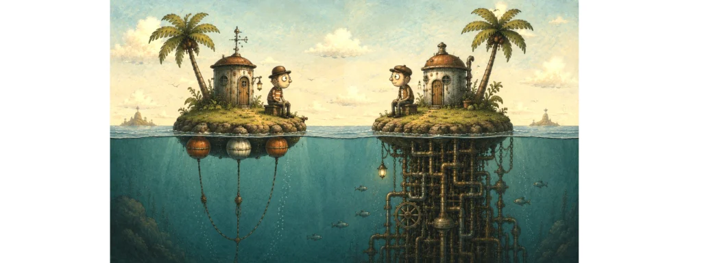 Why "Off-the-Shelf" Operations Don't Impress Buyers 1 Illustrated cross-section of two floating islands facing each other, one supported by simple buoys and the other by an enormous hidden mechanical structure beneath the ocean, representing the difference between visible tools and the hidden systems that increase business value.