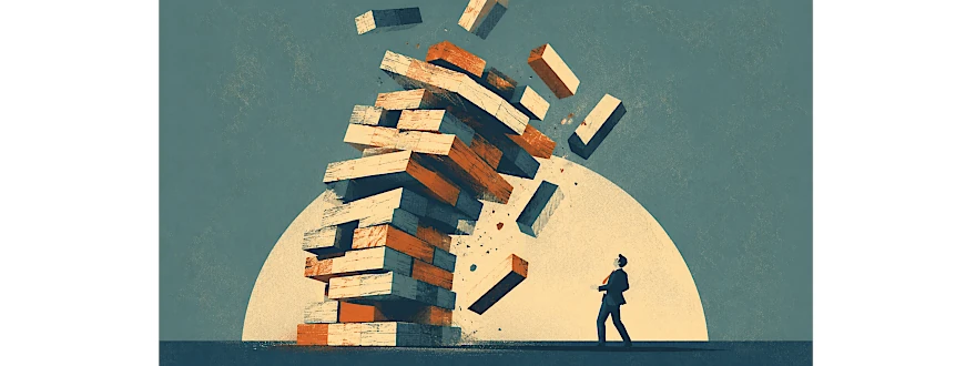 Integration Debt: What Disconnected Tools Cost You 1 Illustration of a collapsing Jenga tower representing disconnected business systems and the risks of poor business system integration while a business professional watches nearby.