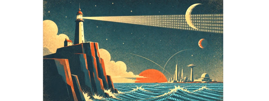 What Makes Custom Software Maintainable for SMBs After Launch? 1 Lighthouse guiding digital code across the sea toward a futuristic city