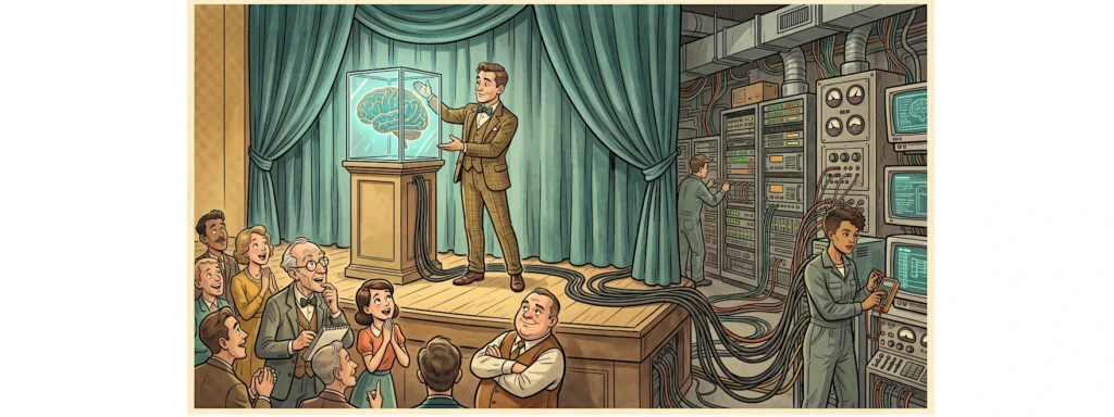 Salesperson presents a glowing AI brain while a large network of servers, equipment, and cables operates behind the curtain.