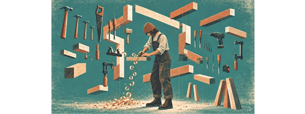 Craftsperson building an interconnected structure surrounded by specialized tools.