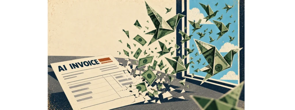 An invoice labeled “AI INVOICE” breaks apart into dollar bills and origami money birds flying out an open window.